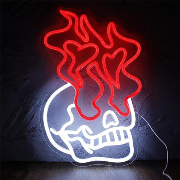 Other - VIVID Neon LED Custom Skull with Flames Wall Sign Bright White and Red Sign